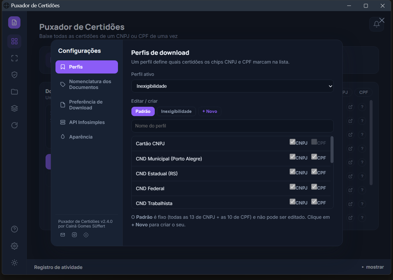 Perfis de download