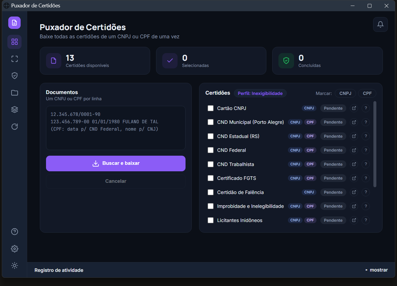 Tela principal do Puxador de Certidões